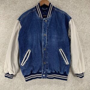 Vtg 90s Basic Editions Denim Varsity Jacket Size Small Bomber Jock Retro Cotton